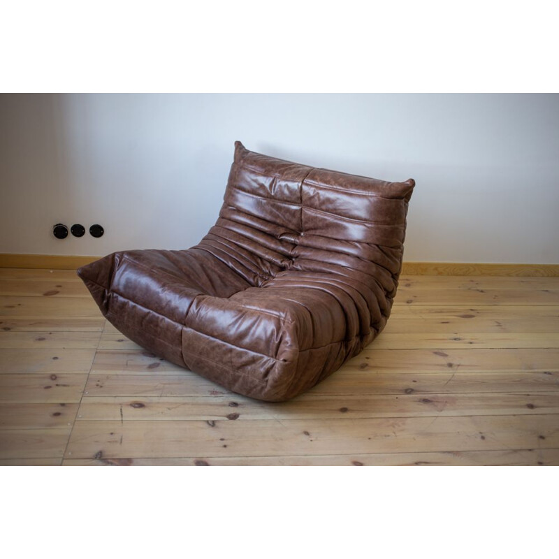 Vintage Togo Dubai brown leather armchair by Michel Ducaroy for Ligne Roset