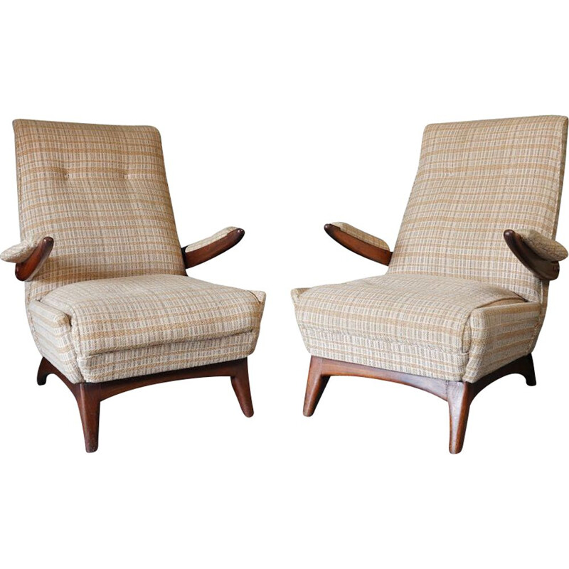 Pair of vintage Danish armchairs in rosewood and checkered fabric