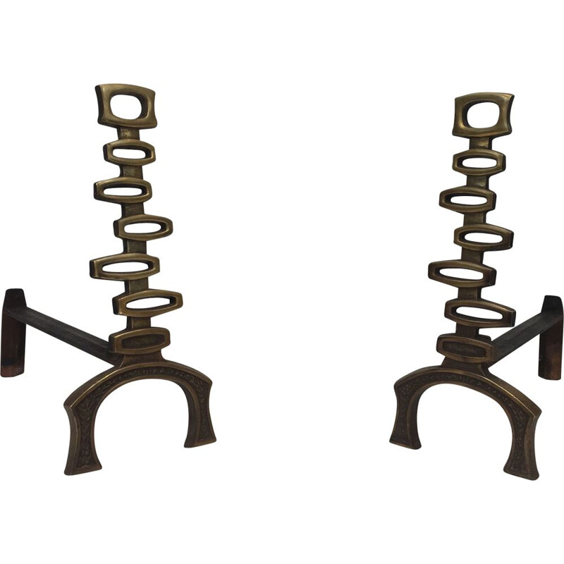 Pair of vintage brass andirons, Italy 1970