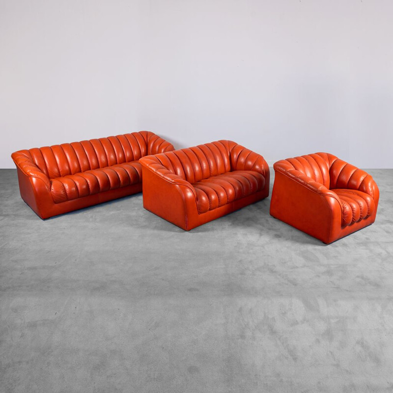 Conjunto de sala de cabedal laranja Vintage, 1970