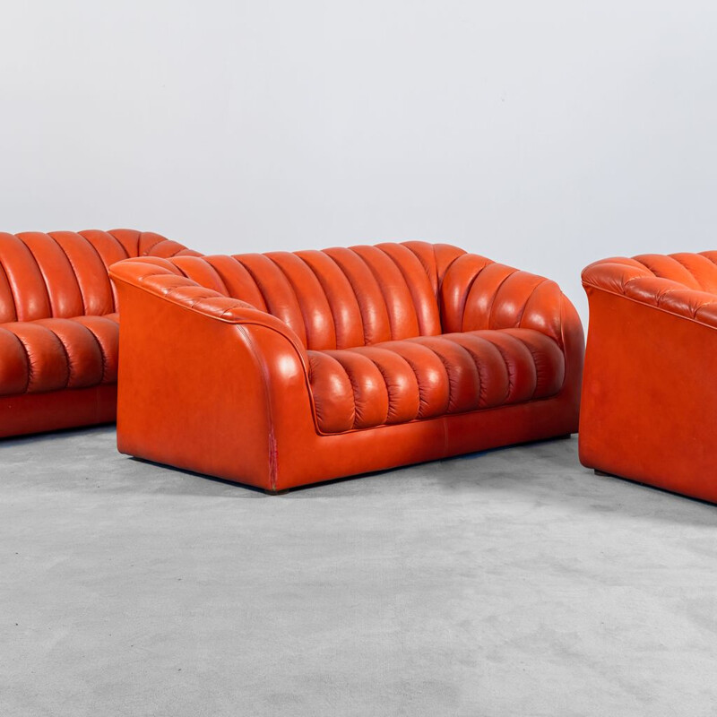 Set da salotto in pelle arancione vintage, 1970