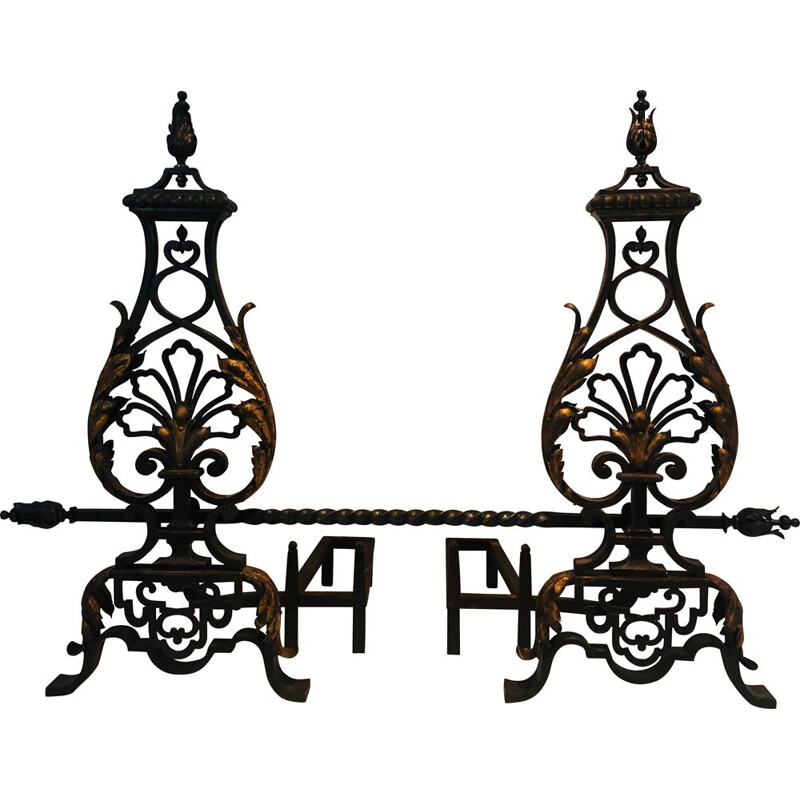 Pair of vintage wrought iron and gilt andirons, France 1940