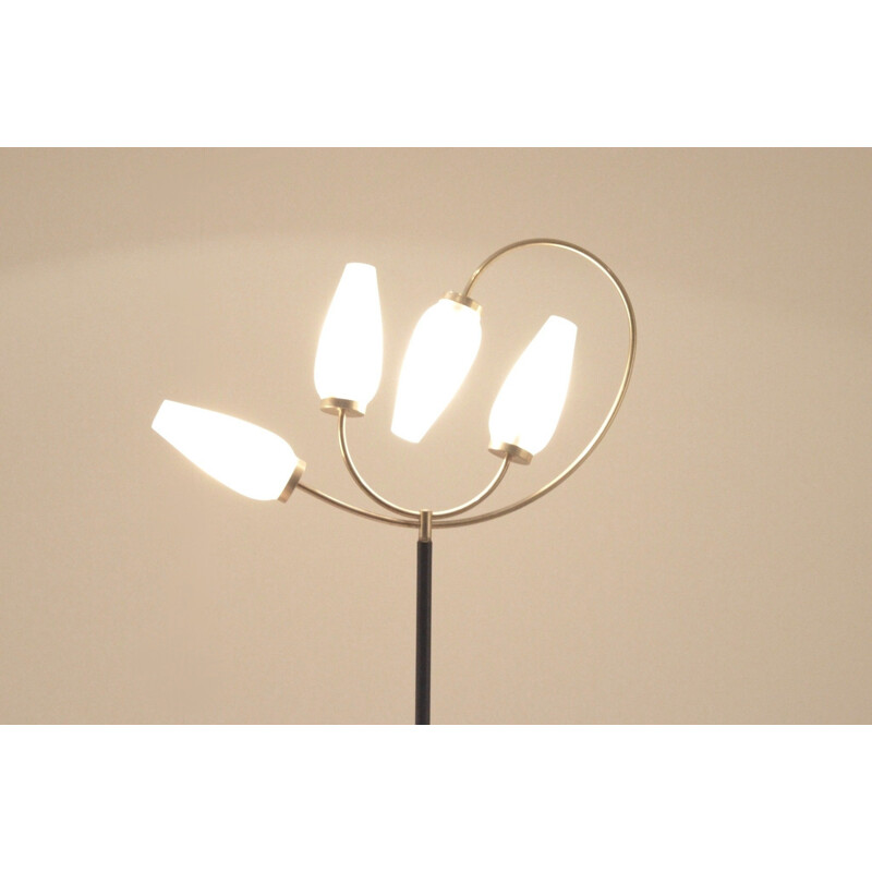 Lampadaire Maison Arlus en métal, laiton et verre opaline - 1950