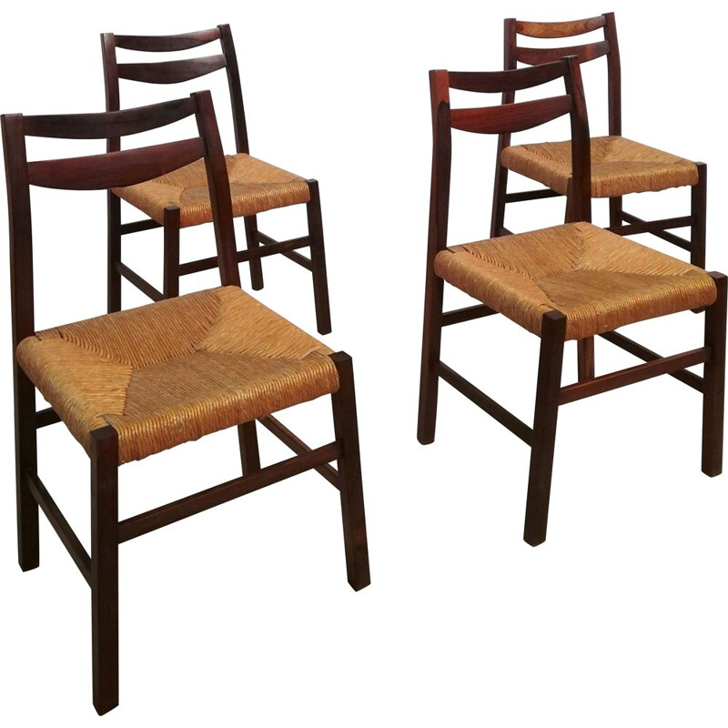 Juego de 4 sillas vintage escandinavas de madera de rosa y paja