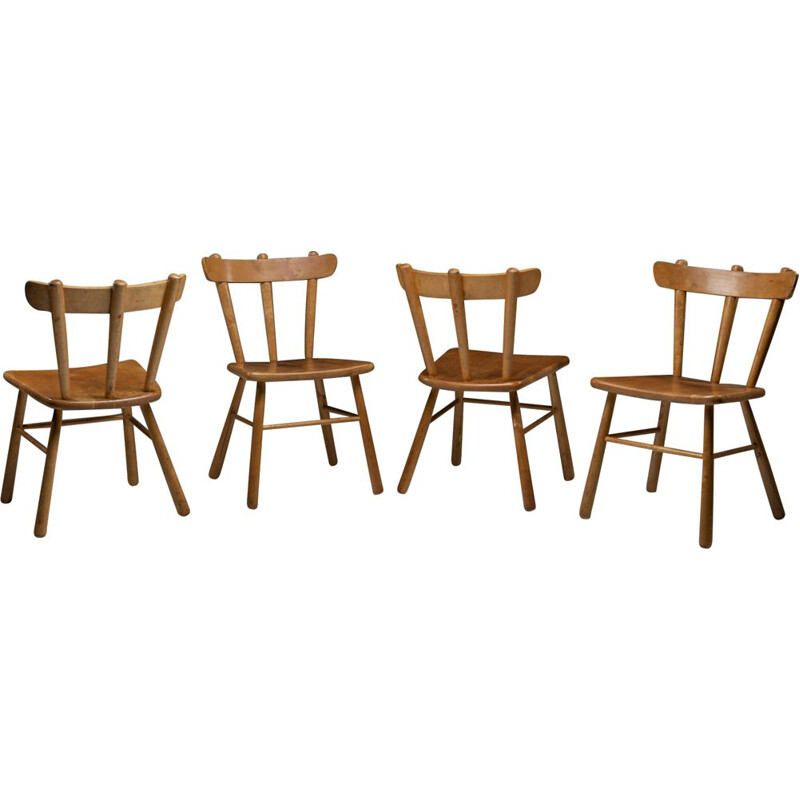 Set of 4 vintage solid beechwood "Windsor" chairs, Sweden 1940