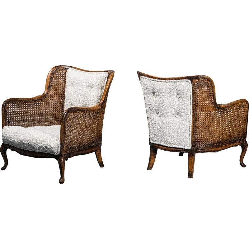 Pair of vintage wood and straw armchairs, 1930