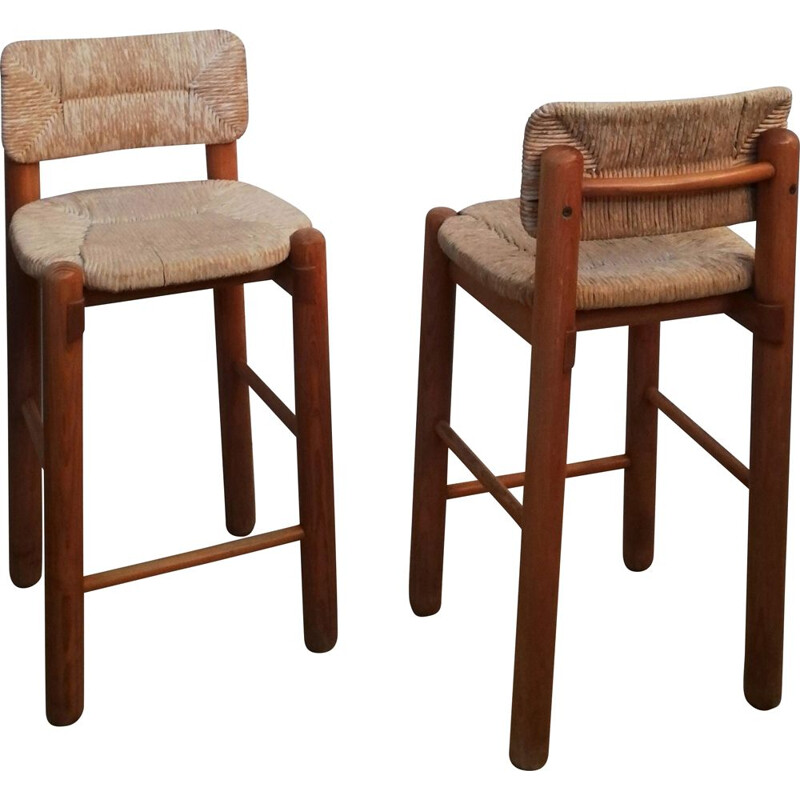 Pareja de taburetes de bar vintage en madera de fresno y paja, 1970-1980