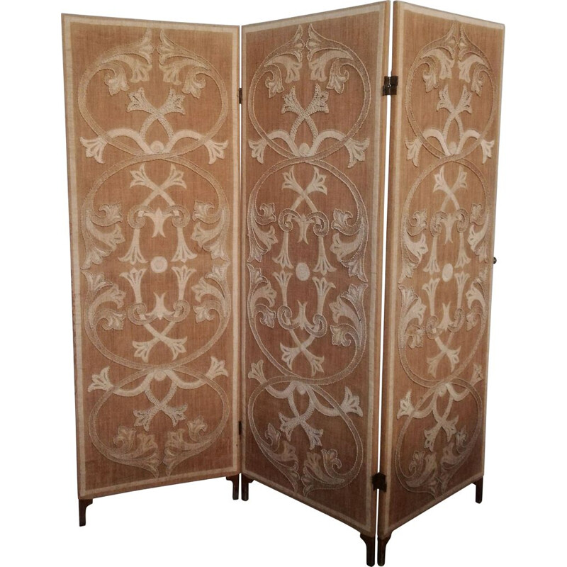 Vintage hand-embroidered wooden room divider, Italy 1940