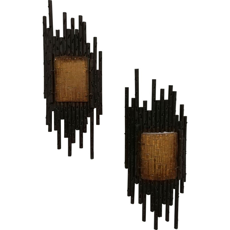 Pair of vintage glass plate wall lamps by Marcello Fantoni, Italy 1970