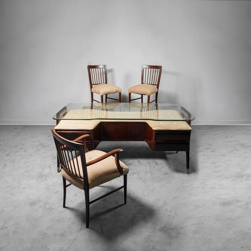 Vintage beige houten en lederen bureau met drie stoelen van Vittorio Dassi, 1950