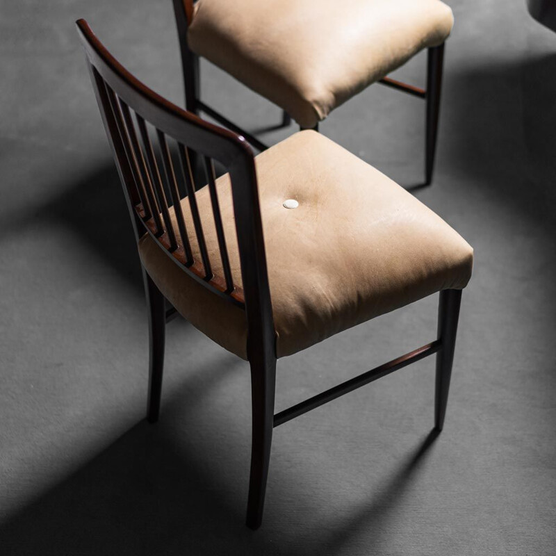 Vintage beige houten en lederen bureau met drie stoelen van Vittorio Dassi, 1950