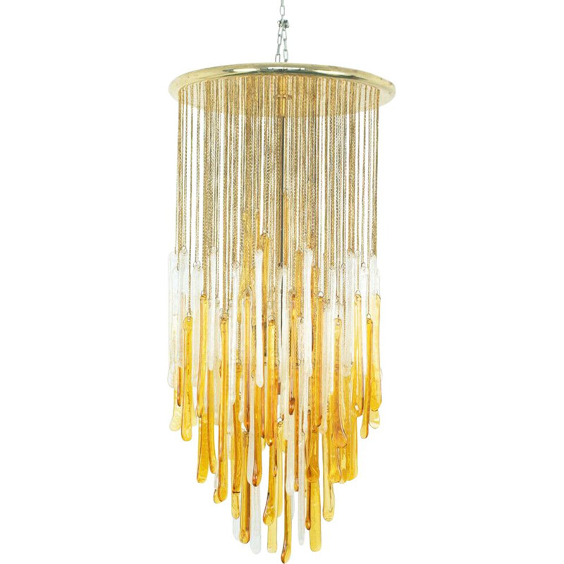 Lampadario vintage in ottone e vetro di murano per Mazzega, 1960