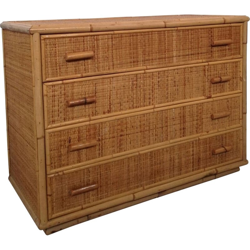 Vintage rattan and bamboo chest of drawers, Italy 1970s