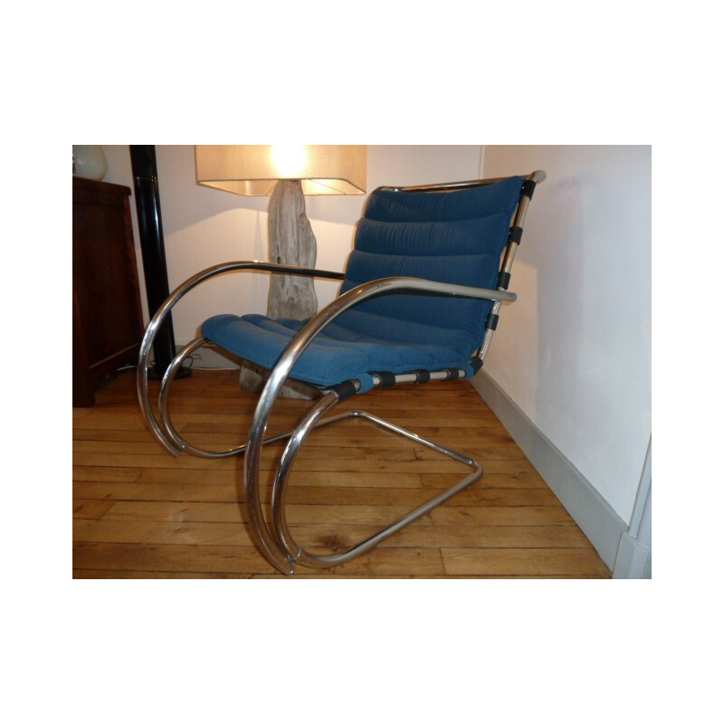 Pair of Mr lounge armchairs in blue fabric and steel, Ludwig Mies VAN DER ROHE - 1980s