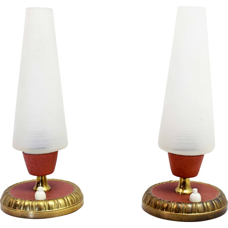 Coppia di lampade da comodino vintage in ottone e vetro