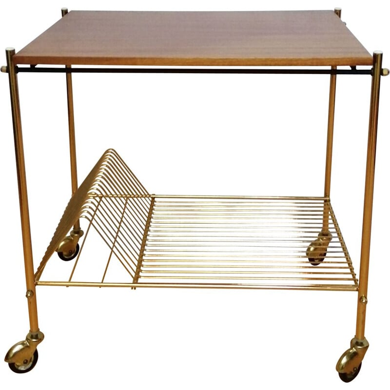 Vintage teak and gold metal serving table, 1960