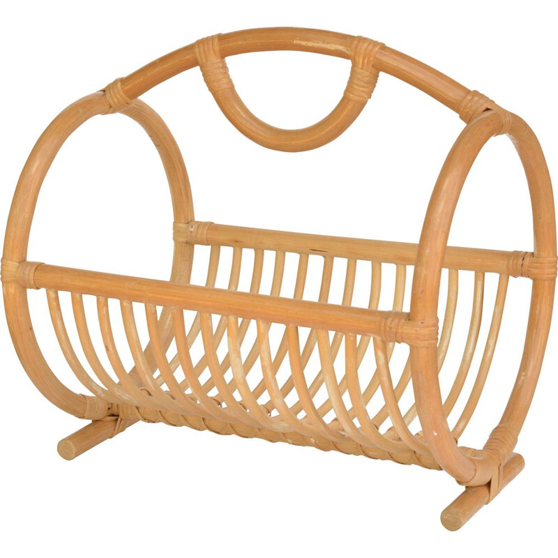 Cestino portagiornali vintage scandinavo in rattan, Danimarca 1970