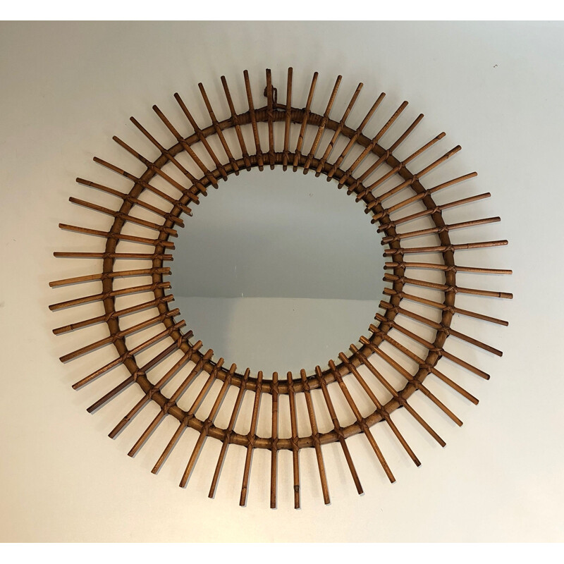 Vintage round mirror in rattan, France 1950