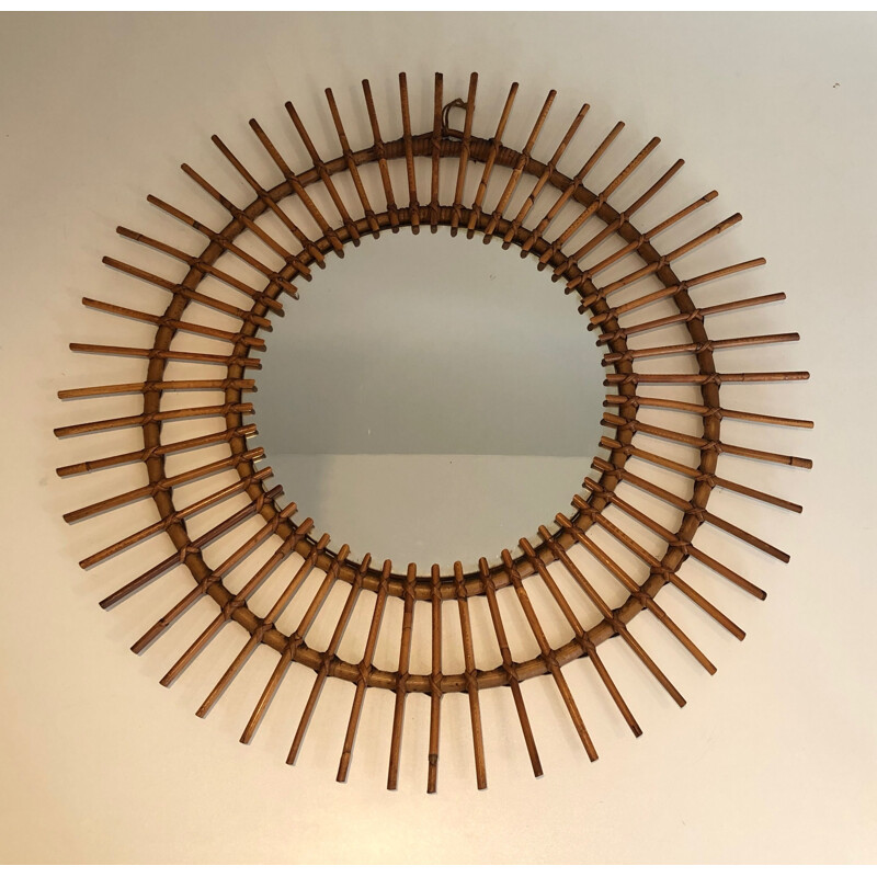 Vintage round mirror in rattan, France 1950