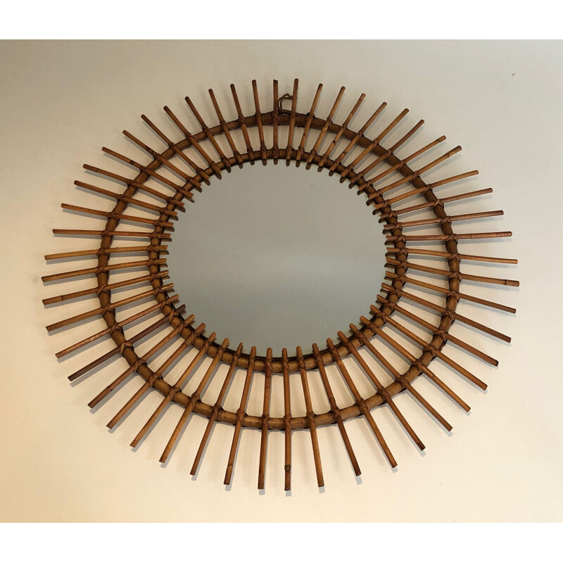 Vintage round mirror in rattan, France 1950