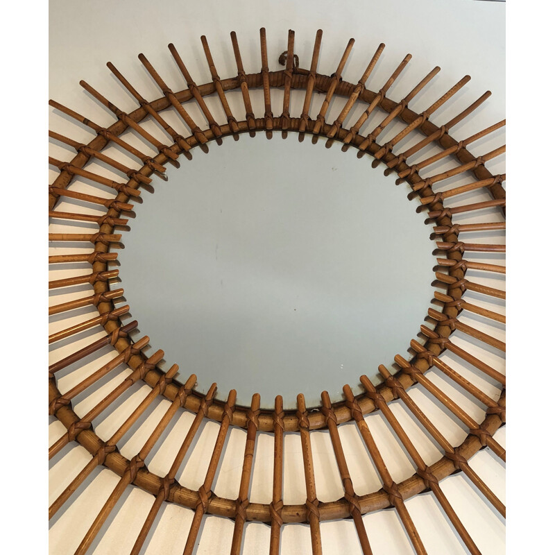 Vintage round mirror in rattan, France 1950