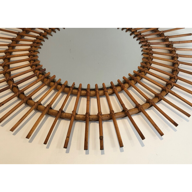 Vintage round mirror in rattan, France 1950