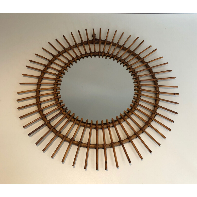 Vintage round mirror in rattan, France 1950