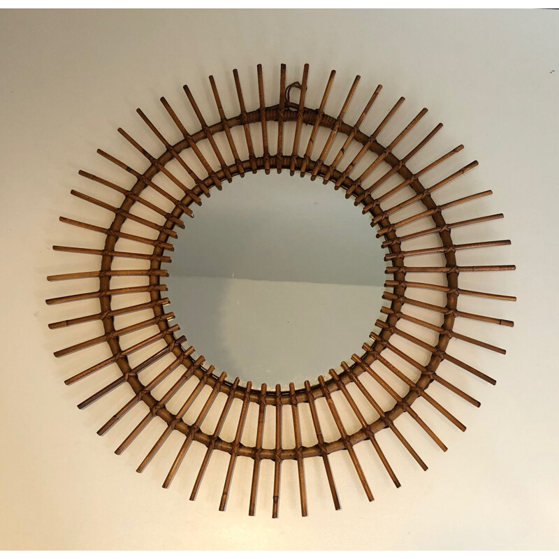 Vintage round mirror in rattan, France 1950