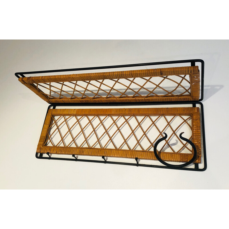 Vintage coat rack in lacquered metal and rattan, France 1950