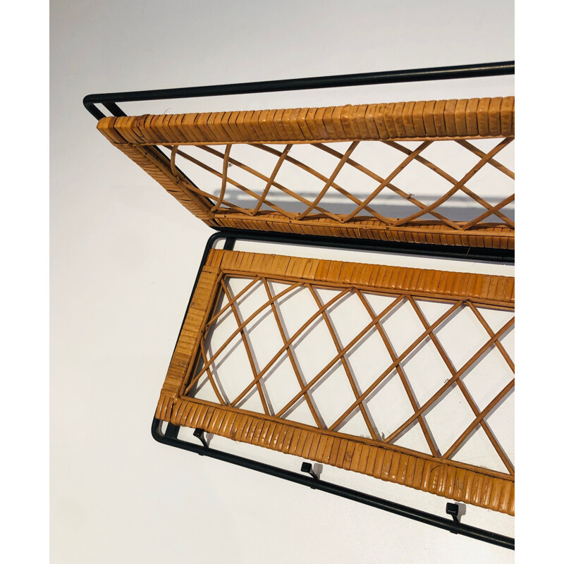 Vintage coat rack in lacquered metal and rattan, France 1950