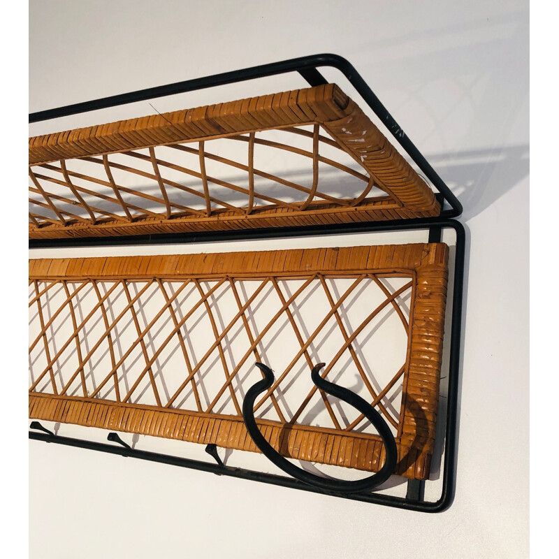 Vintage coat rack in lacquered metal and rattan, France 1950