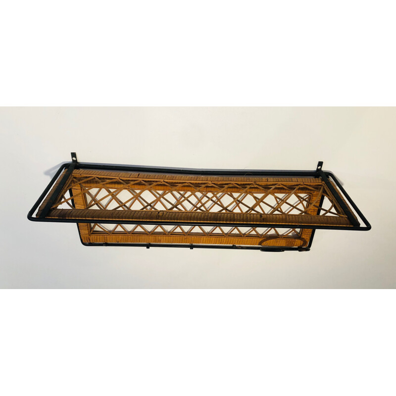 Vintage coat rack in lacquered metal and rattan, France 1950