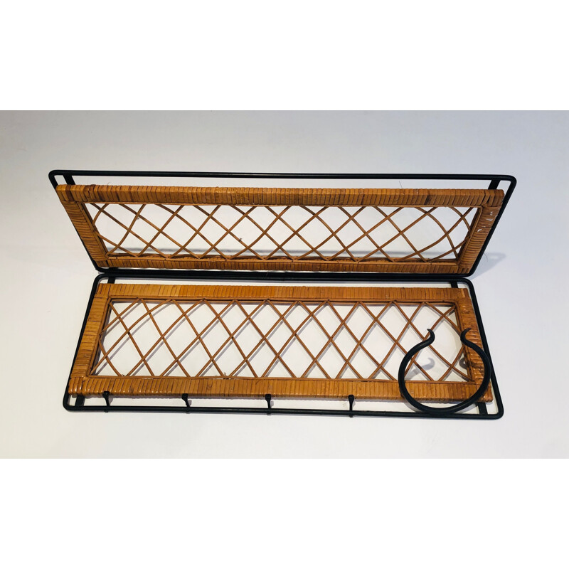 Vintage coat rack in lacquered metal and rattan, France 1950
