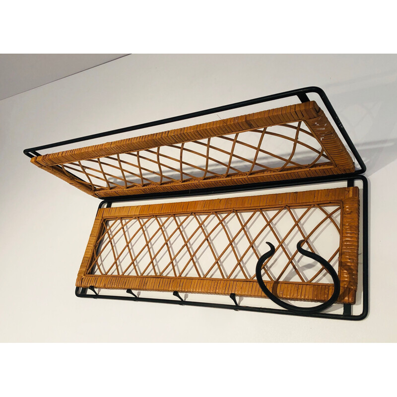 Vintage coat rack in lacquered metal and rattan, France 1950