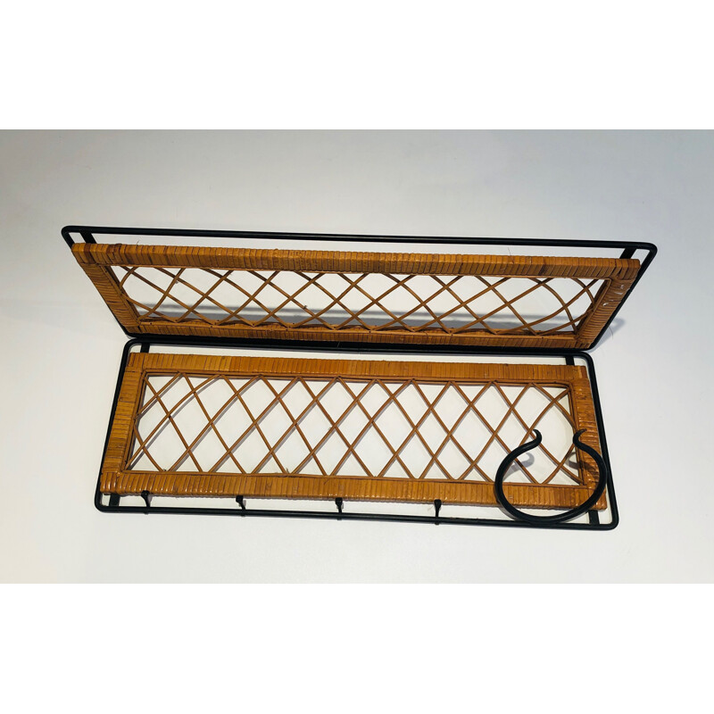 Vintage coat rack in lacquered metal and rattan, France 1950