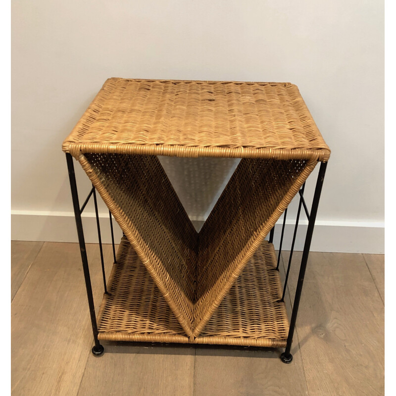 Vintage side table in rattan and black lacquered metal, France 1970