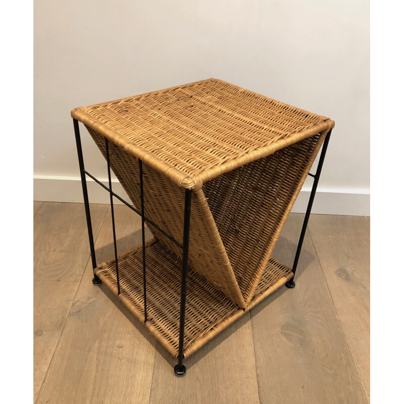 Vintage side table in rattan and black lacquered metal, France 1970