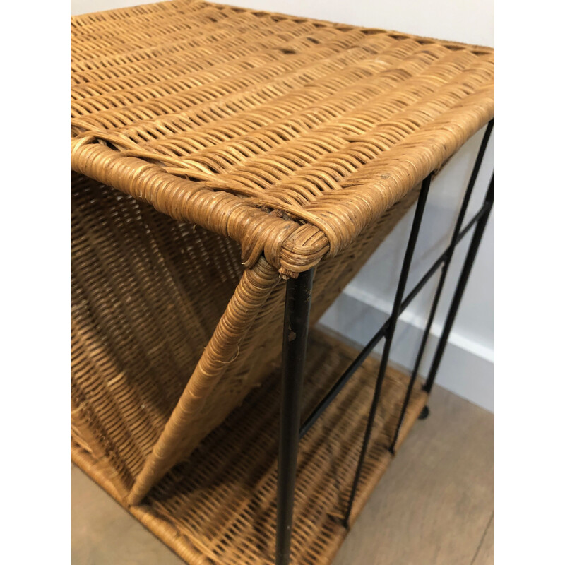 Vintage side table in rattan and black lacquered metal, France 1970