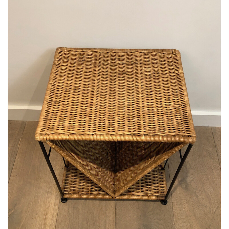 Vintage side table in rattan and black lacquered metal, France 1970