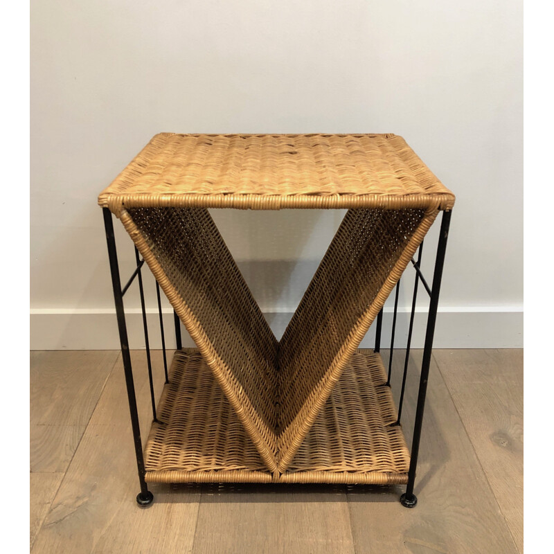 Vintage side table in rattan and black lacquered metal, France 1970