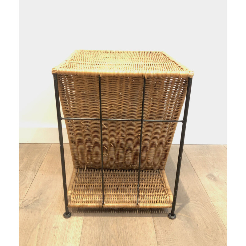 Vintage side table in rattan and black lacquered metal, France 1970