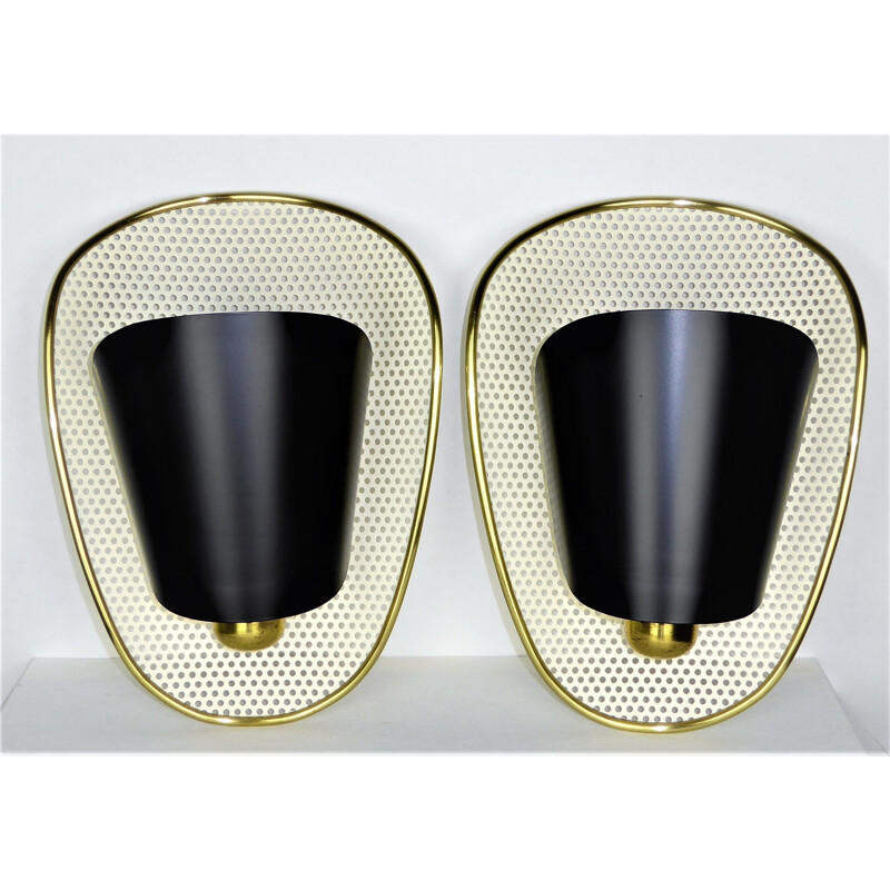 Pair of perforated metal and brass wall lights, Jacques BINY - 1950s