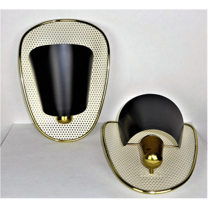 Pair of perforated metal and brass wall lights, Jacques BINY - 1950s