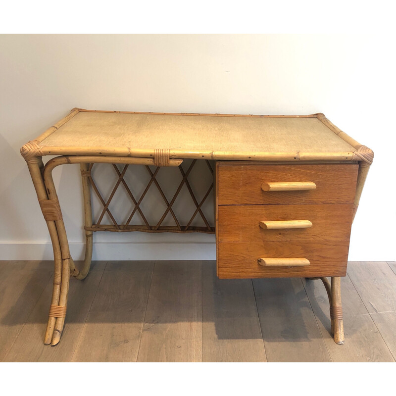 Vintage rattan desk by Audoux Minet, 1970