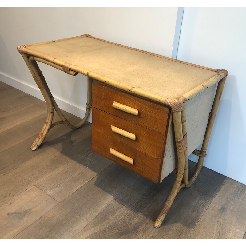 Vintage rotan bureau van Audoux Minet, 1970