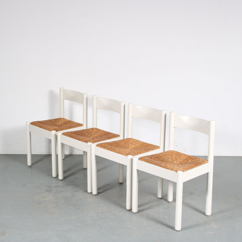 Set of 4 vintage white painted wood dining chairs, France 1960s