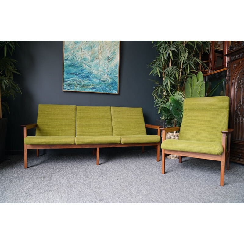 Mid century teak framed and fabric living room set by Guy Rogers, 1960s