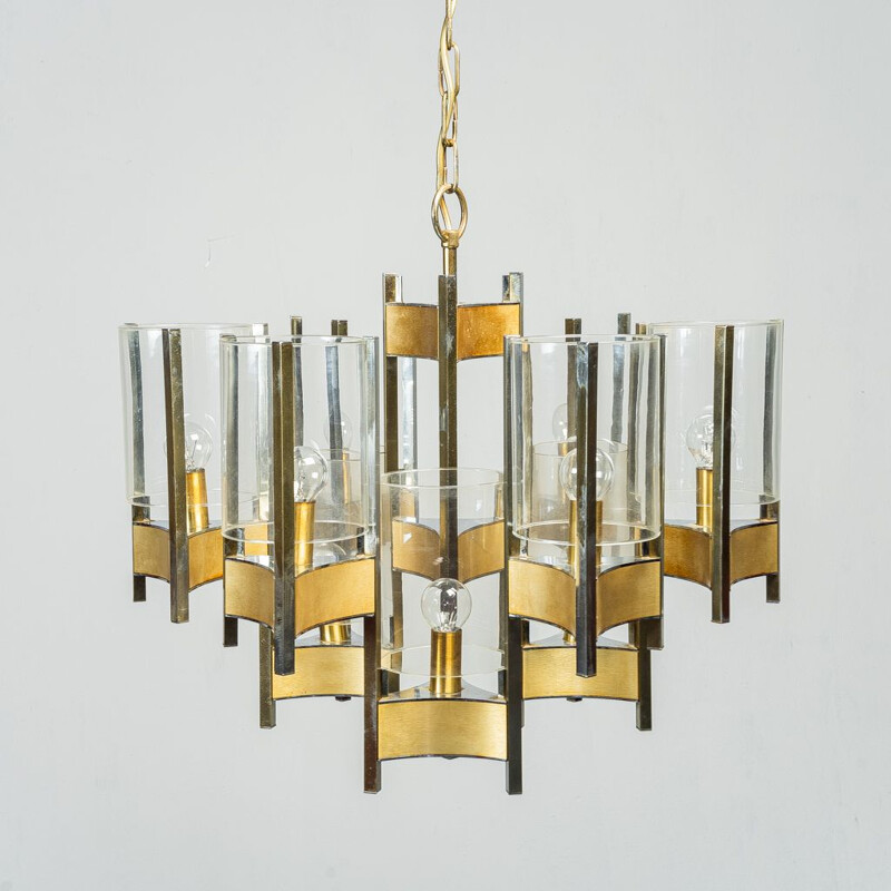 Vintage chrome and brushed brass chandelier by Gaetano Sciolari, 1960