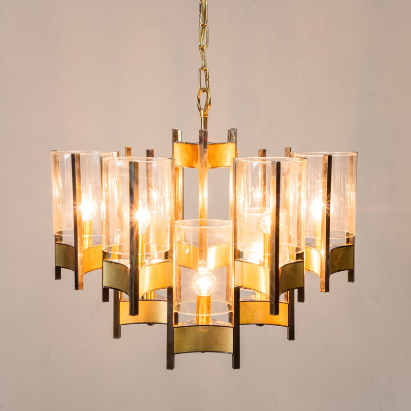 Vintage chrome and brushed brass chandelier by Gaetano Sciolari, 1960