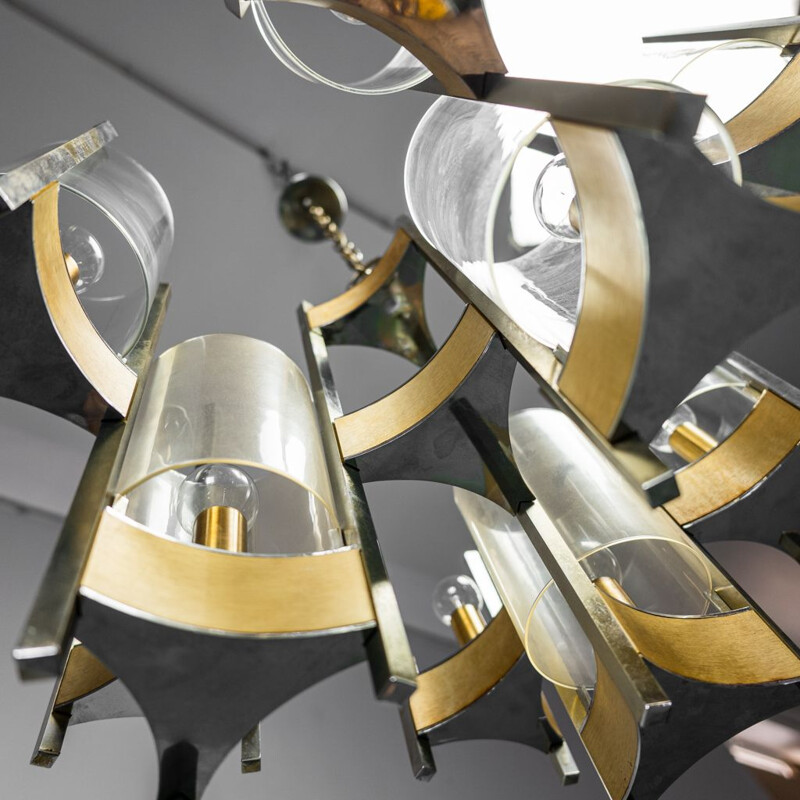 Vintage chrome and brushed brass chandelier by Gaetano Sciolari, 1960